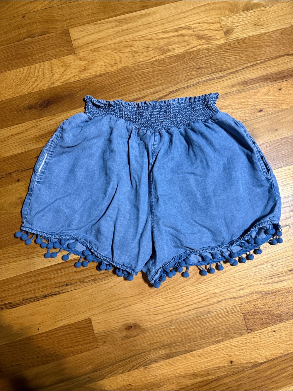 Blue Rain Light Blue Pom-Pom Trim High Waist Shorts